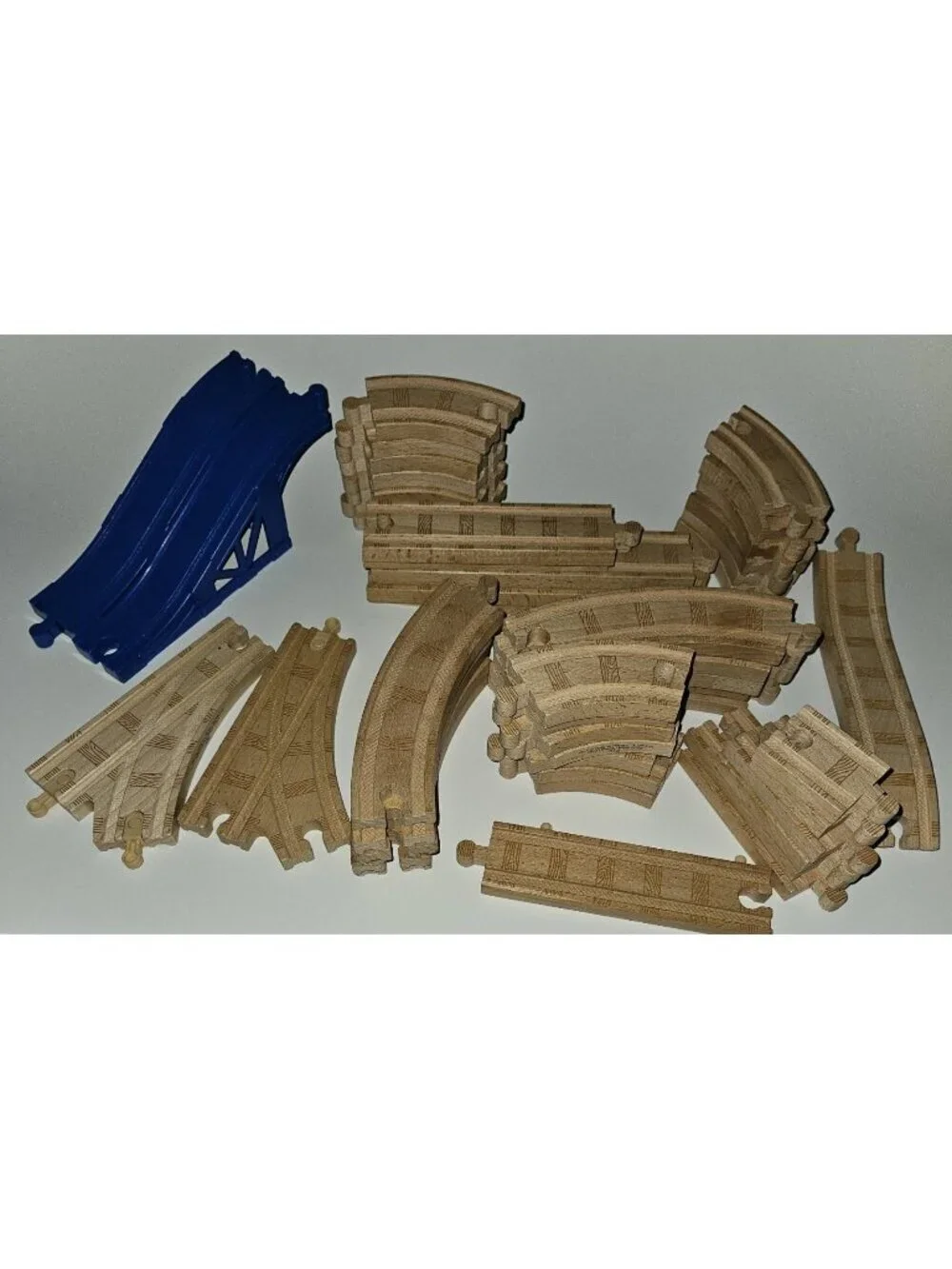 48 Thomas Brand Wooden Railway Train Track Lot Straight Curve Switch Blue Bridge